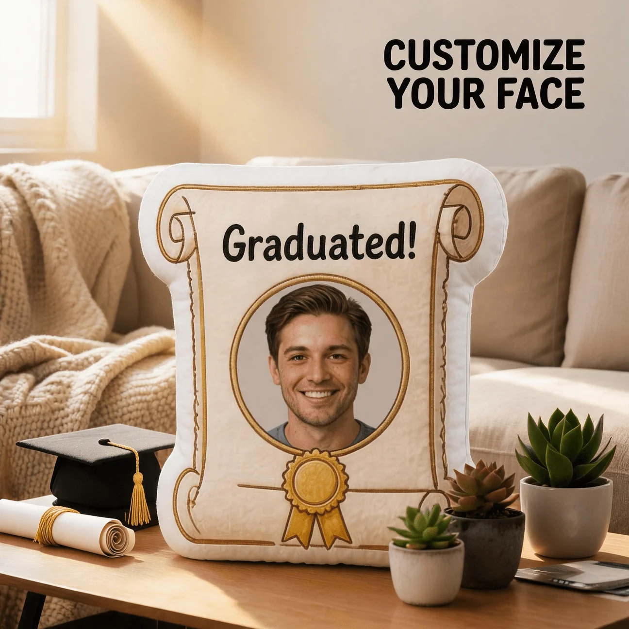 Custom Graduation Photo Shaped Pillow, Personalized Face Decorative Cushion with Diploma Design, 70CM Accent Pillow for Sofa & B