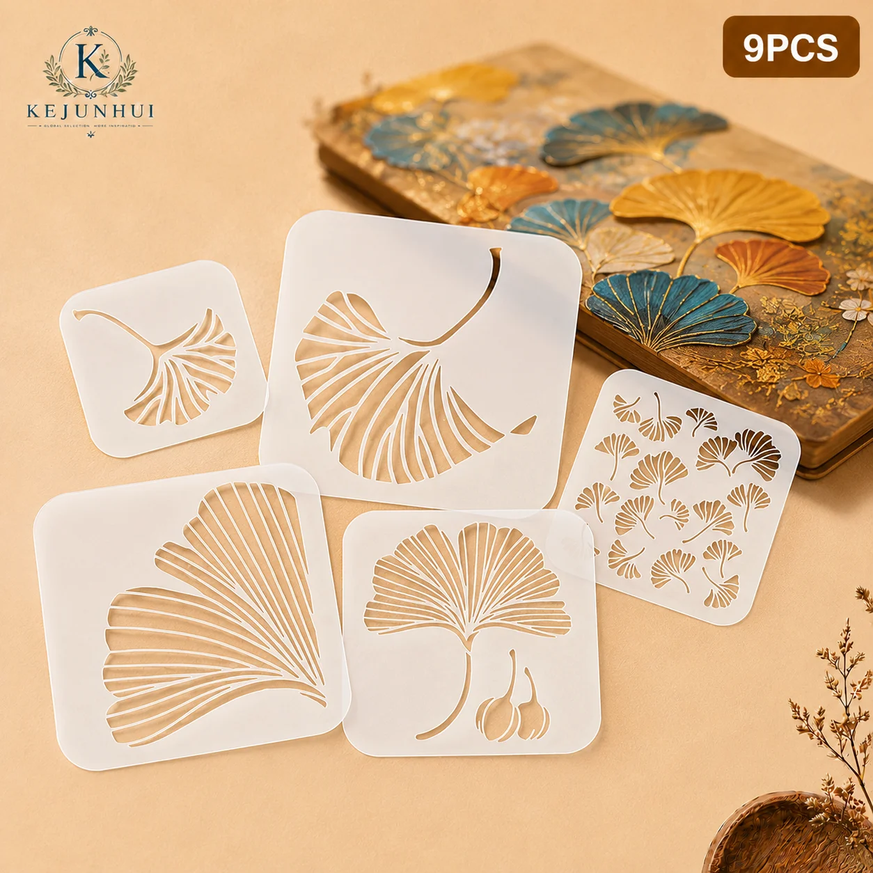 9Pcs 15x15cm Ginkgo Leaf Stencils Reusable PET Stencils for Painting Ginkgo Biloba Pattern Wall Wood Fabric Decor