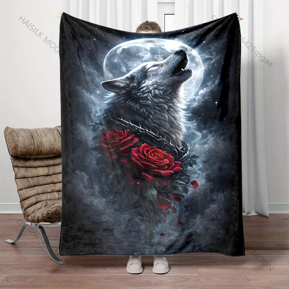1PC Wolf howling moon roses thorns  Print Adult Children Warm Blankets Home Travel Car Soft Comfortable Suitable for all seasons