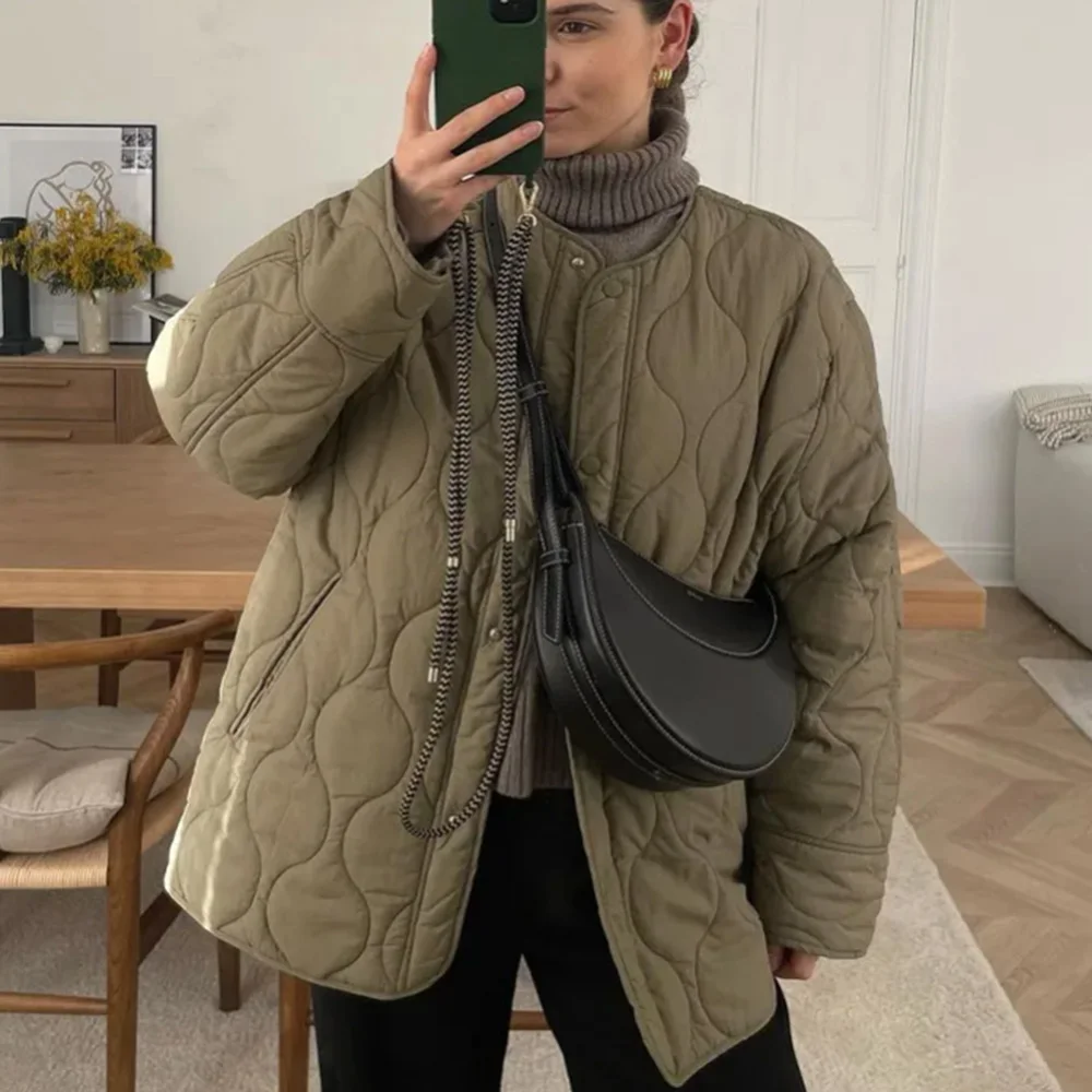 INS Style Army Green Color Round Neck Single Breasted Long Sleeves Women Loose Solid Quilting Design Jacket Coat ZATAF 2024 New