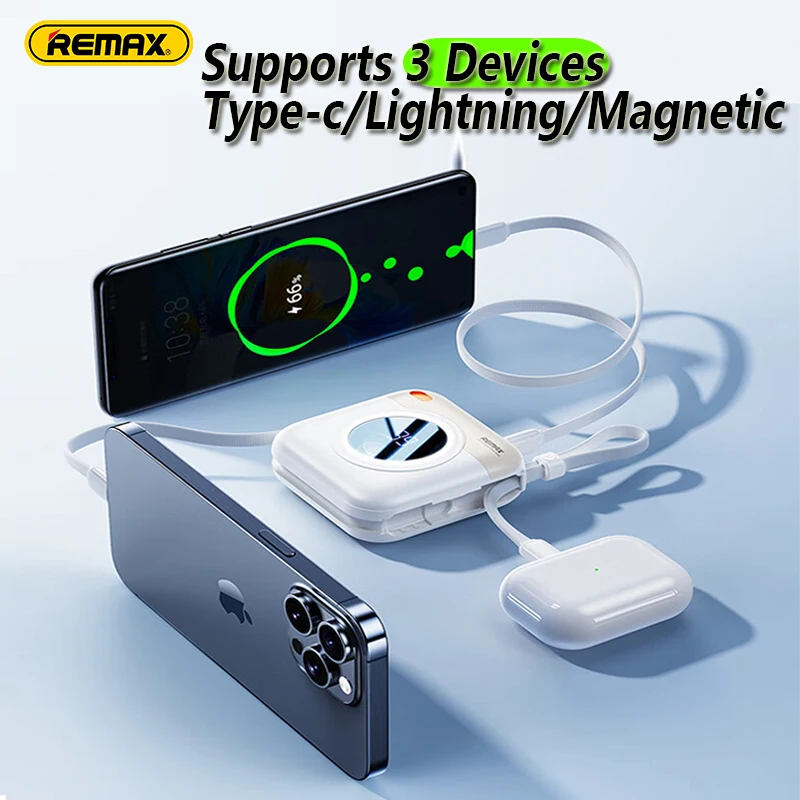 Remax 2in1Mini Magnetic Magsafe Portable PowerBank Wireless 15w Wired 20W Fast Charge 10000mAh with Type-c Lightning Cable 7cm