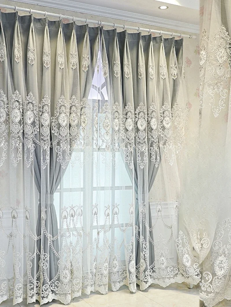 

European Double-layer Cloth Gauze Integrated Curtains for Living Room Bedroom Modern Luxury Relief Embroidered To Block