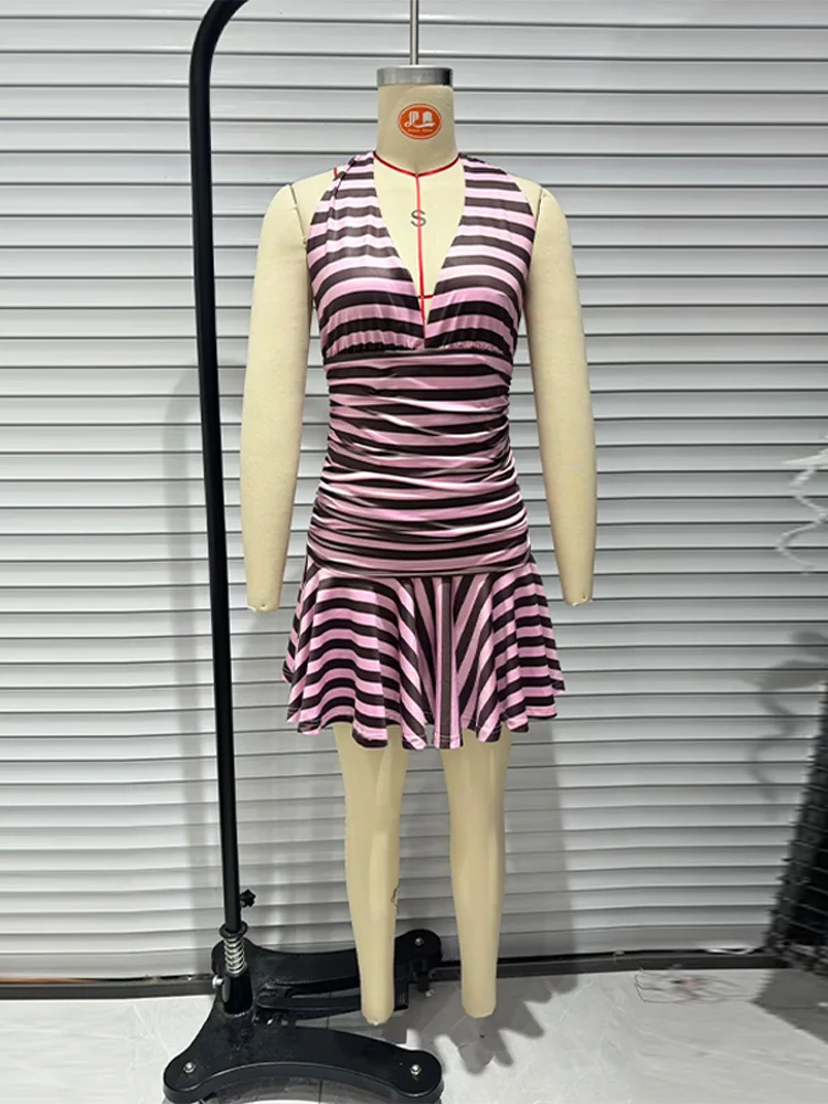 Damen-Minikleid mit tiefem V-Ausschnitt, rückenfrei, Neckholder, gestreift, charmantes, ärmelloses, plissiertes, schmales Partykleid mit Schnürung, neue Roben – Detail 3