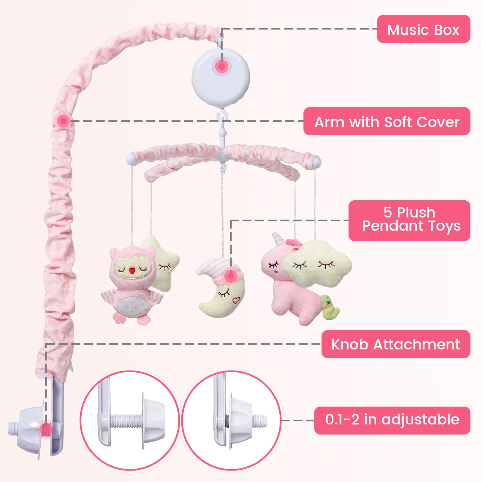 Baby Mobile for Crib with 2 Modes Digital Musical Box,Nursery Mobiles for Bassinet with Hanging Toys for Infants 0-6 Months Girl