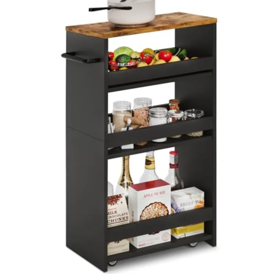 

4 Tier Slim Storage Cart for Kitchen Laundry Small Spaces, Metal Frame with Wood Veneer Shelves, Black+Brown, Space-Saving Slid