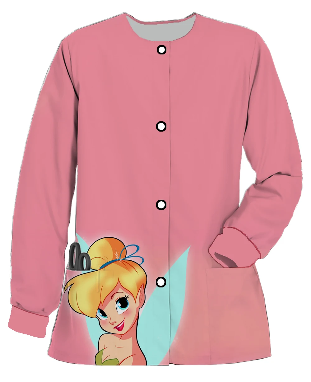 Spring Ladies Work Uniform Disney Wonder Fairy Round Neck Pocket Warm Scrub Jacket Nurse Care Worker Casual Cartoon Tops