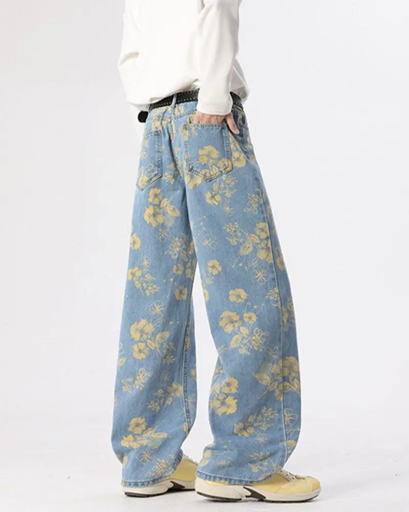 Yellow Flower Contrasting Design Men's Blue Jeans Fashion Pants Wide Leg Male Trendy Casual Streetwear Trousers