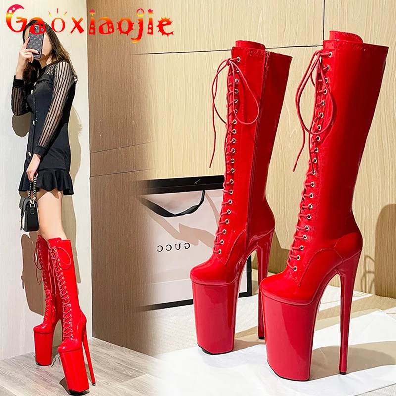 Heels 26CM Platform 16cm Long Tube Knee-High Leather Women Boots Super High Heels Red Fetish Shoes Front Tie Side Zip Dance Boot