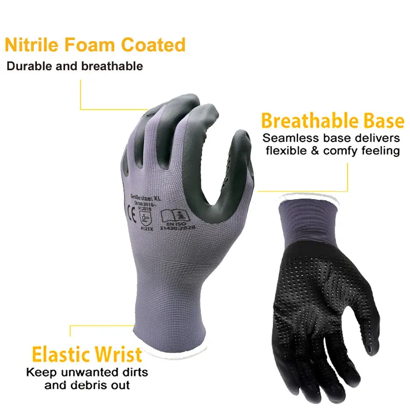 10 Pairs Packed Work Glove Comfort Grip Slip-resistant Nitrile Coated Non-Slip Lightweight Durable Breathable Touch Screen Glove