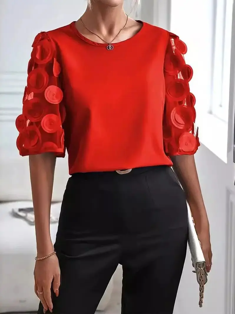 Summer and Autumn fashionable Solid Color Lace long sleeved round neck Tops blouse shirt for women