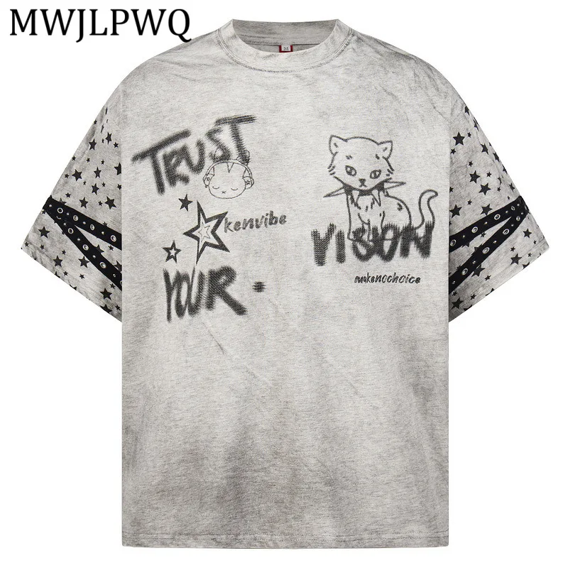 

MWJLPWQ Summer American Retro Distressed Dirty Graffiti Shirt For Men Design Short-Sleeve Round Collar Couples Casual Tops 16112