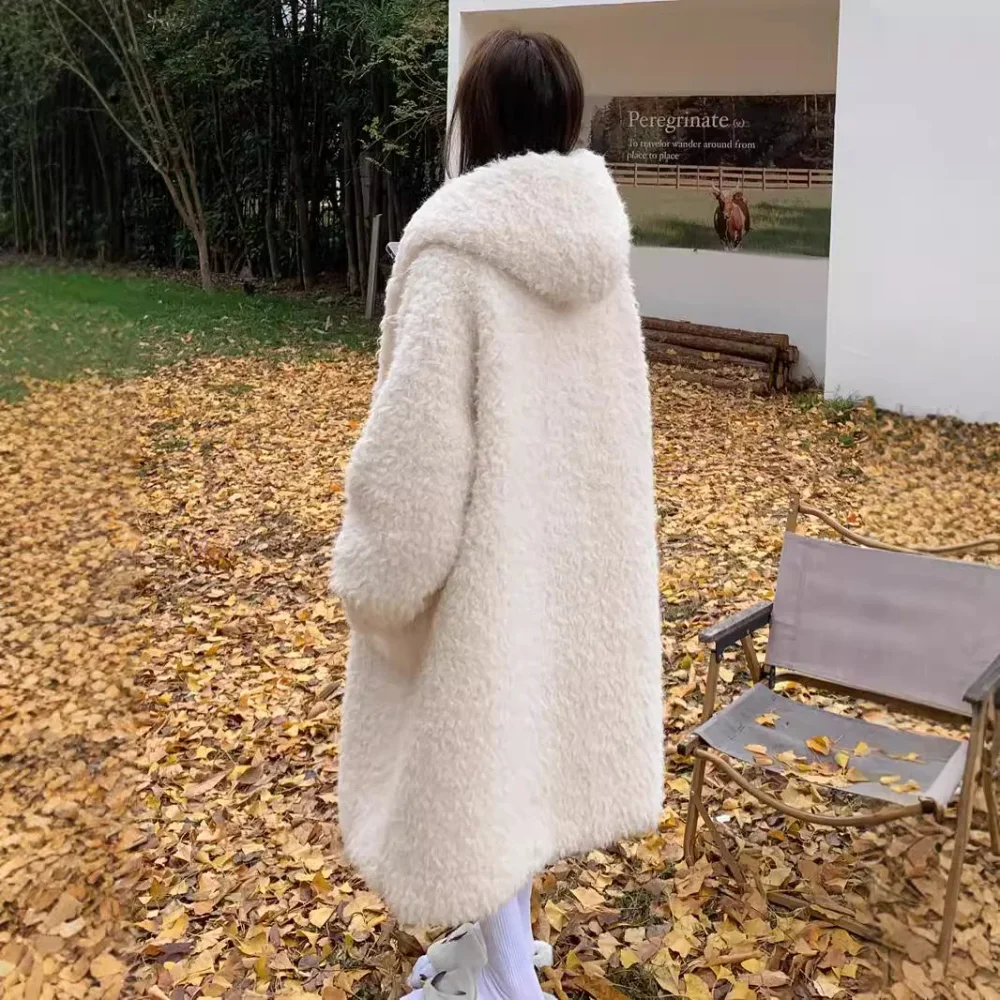 Nuovo 2025 Autunno Inverno Giubbotti Donna Cappotti di pelliccia di lana sintetica Y2k Cappotti lunghi Con cappuccio Maniche lunghe Singolo corno Petto Spessore Allentato