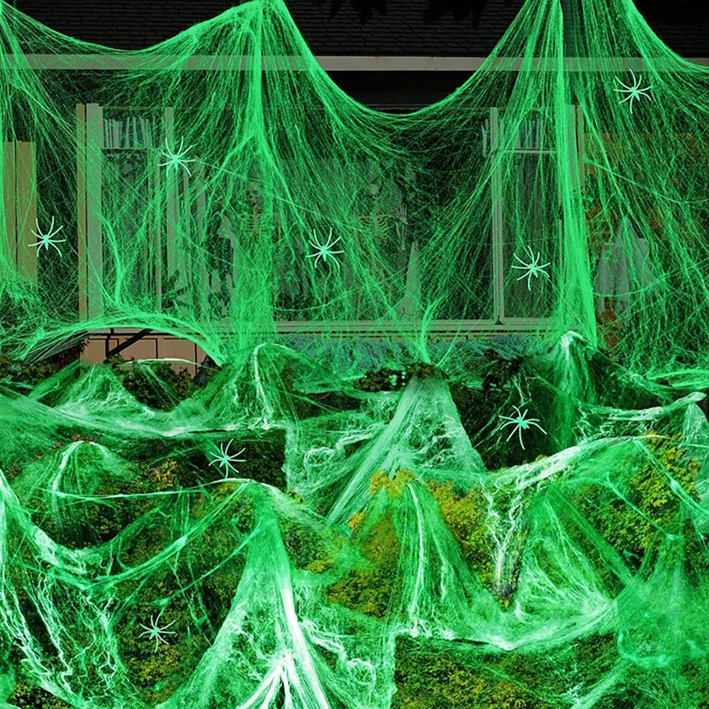 

Luminous Artificial Spider Web,Stretchy Cobweb, Fake Spiders,Halloween Decorations,Outdoor Horror, Haunted House Decor, Props