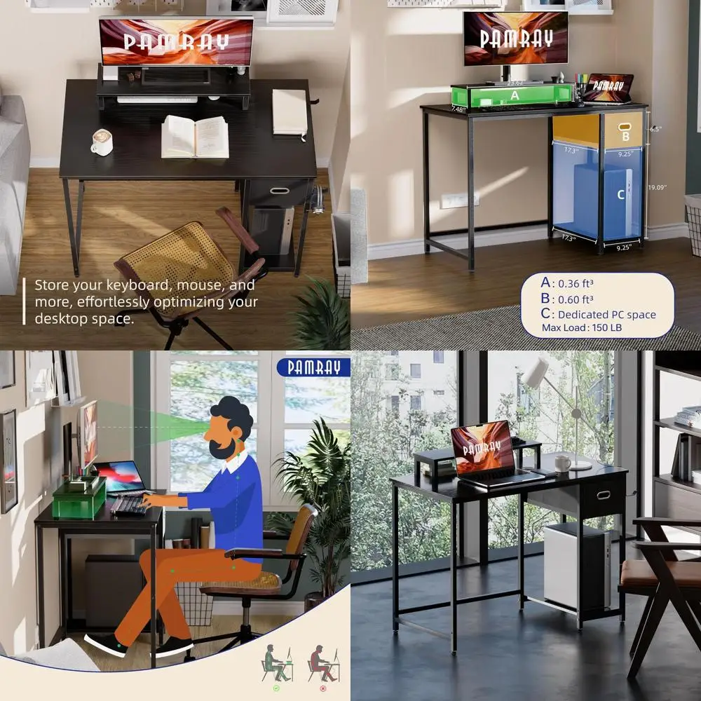 

39 Compact Monitor Stand Desk for Home Office, Storage Drawer, Bedroom Study, Writing & Work Space - Black