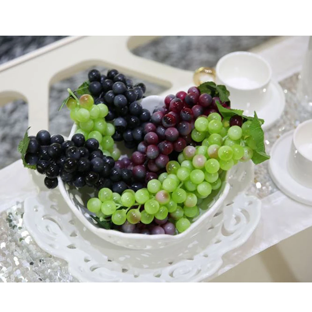 Lifelike Artificial Grapes Bunch with Stems PVC Fruit Decoration for Home Kitchen Party Table Setting
