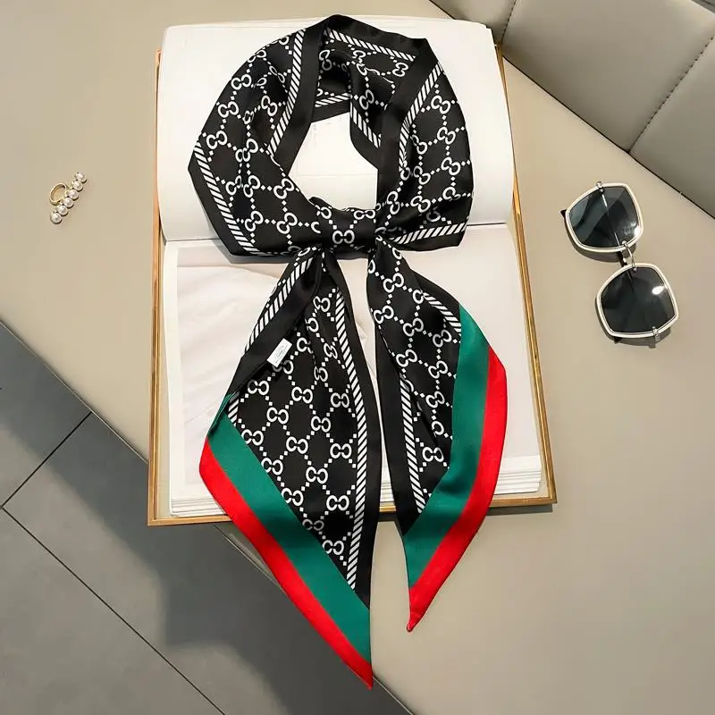 Luxury Brand Print Silk Scarf Women Soft Satin Horse Hairband Bevel Neckerchief Office Hijab Headband Foulard Bag Ribbons Gift