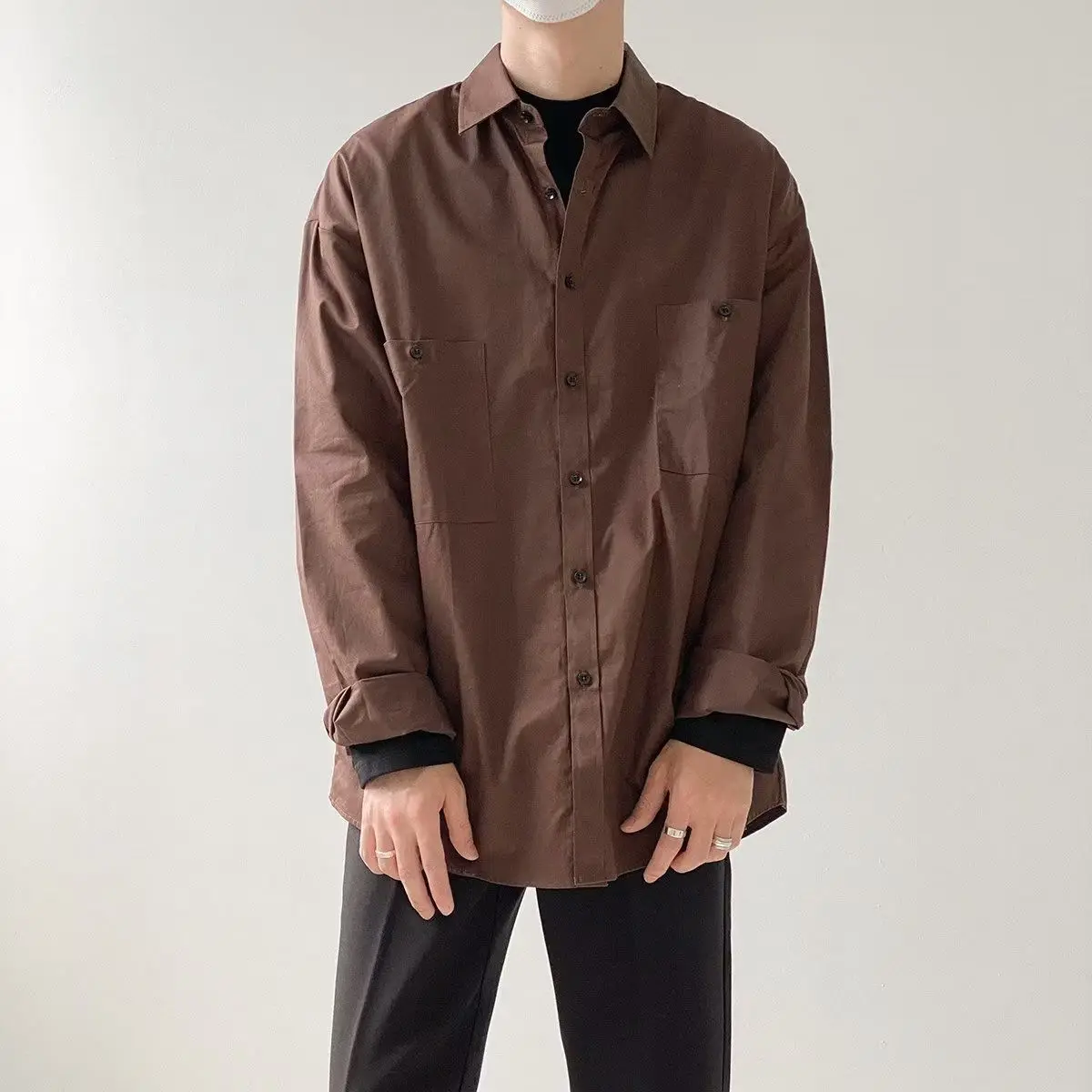 New Brown Long Sleeve Mens Shirts Autumn High-end Solid Color Lapel Pocket Buttons Casual Korean Style Inner Shirts for Men