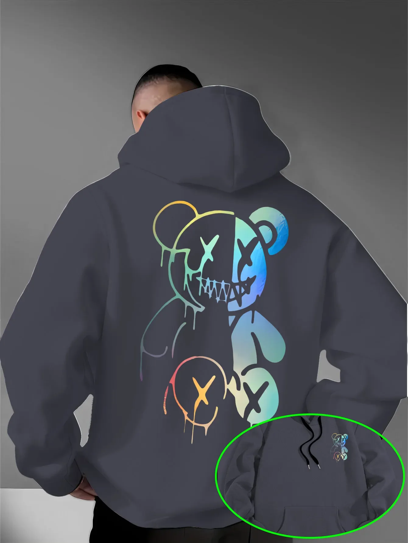 Lockere, übergroße Herren-Hoodies mit holografischem, geteiltem Evil-Bear-Motiv auf Vorder- und Rückseite, Pullover-Sweatshirt, dunkle Streetwear, Alltags-Kapuzenoberteile – Detail 11