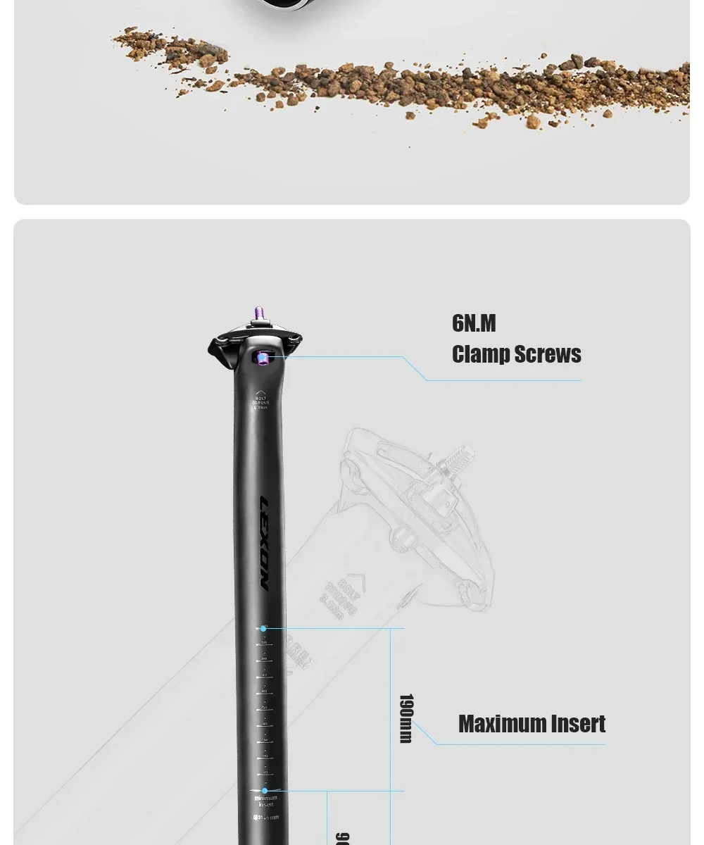 LEXON Ultraleichte Fahrrad-Sattelstütze aus Carbon, 27,2/31,6 mm, zwei Größen, für MTB/Gravel/Rennräder, 350 mm Länge, Fahrrad-Sattelstütze – Detail 5