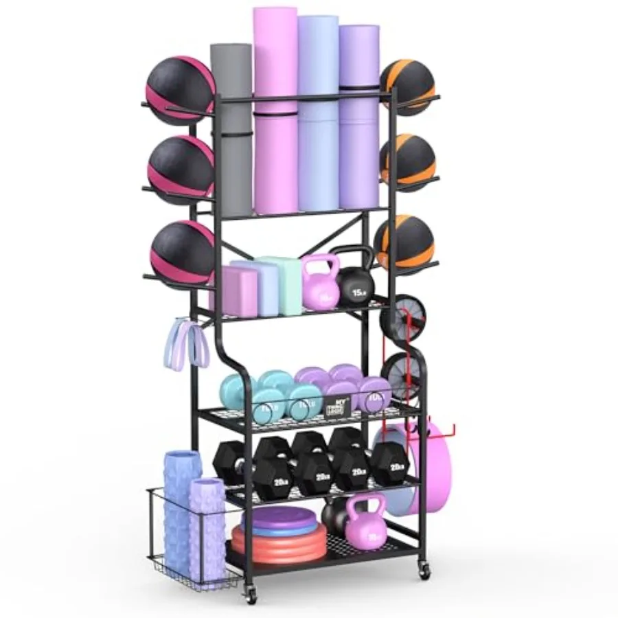 

Home Gym Storage Rack for Yoga Mat Dumbbells Kettlebells Foam Roller Yoga Strap Resistance Bands Workout Equipment Organizer wi
