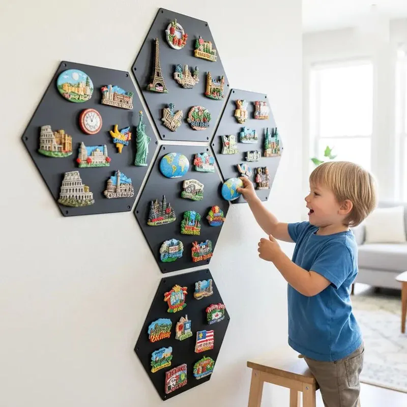 Panneau d'affichage magnétique hexagonal, Art mural moderne en métal pour Photos et Notes, support magnétique pour réfrigérateur rustique, vitrine de mémoire de voyage