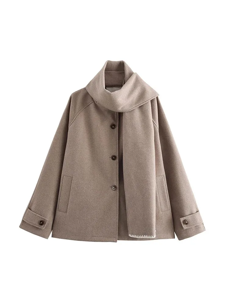 

Women's Premium Scarf Trimmed Button Long Sleeve Jacket Fashion Solid Colour Tweed Jacket New Temperament Women's Clothing
