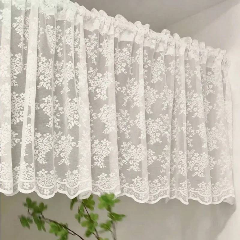 Korean Pastoral Flower Lace Short Curtain White Punch-free Kitchen Half Curtain Light-transmitting Non-see-through Gauze Curtain