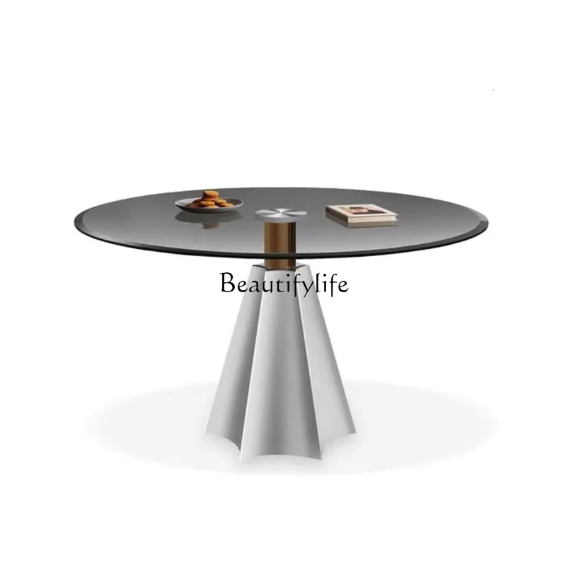 

Light luxury glass round dining table Modern simple high-end tempered glass water corrugated small round table