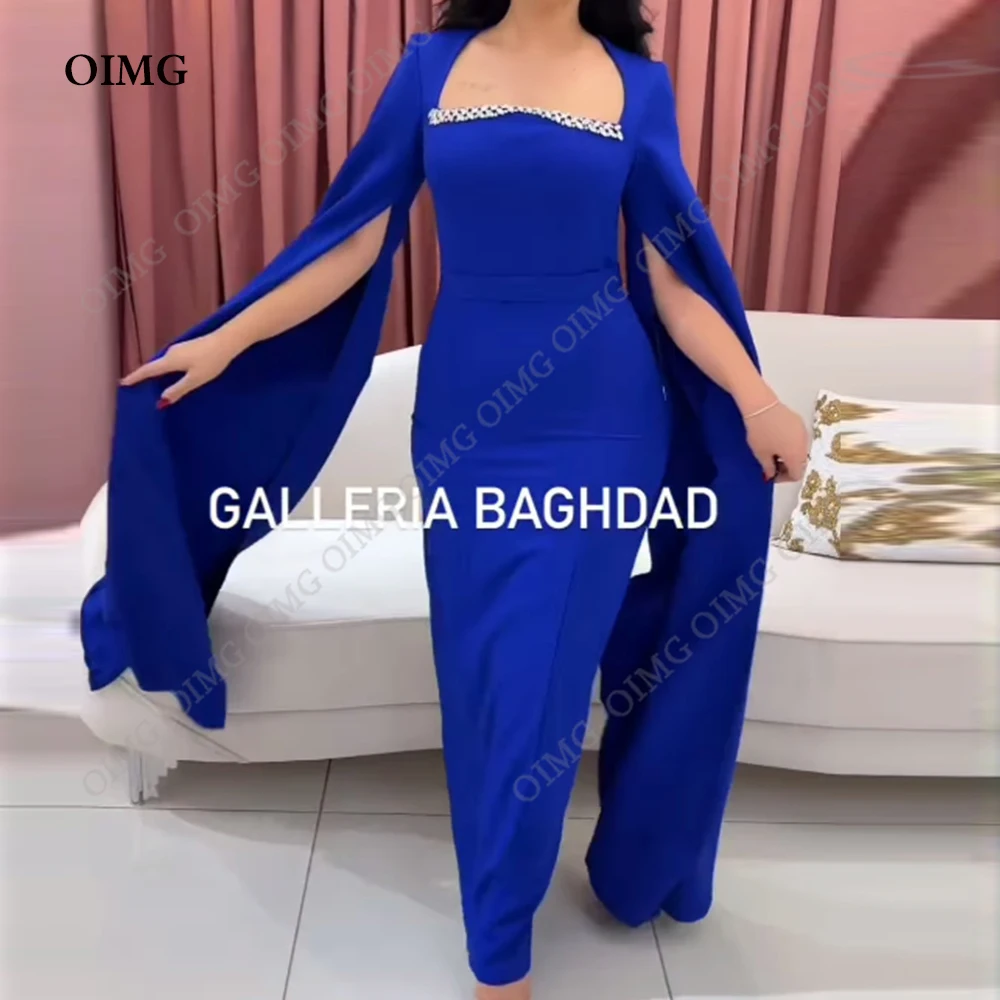 

OIMG Blue Long Cape Sleeves Evening Gowns Dress 2024 Robe De Soiree Shiny Beaded Square Neck Dubai Formal Night Prom Dresses