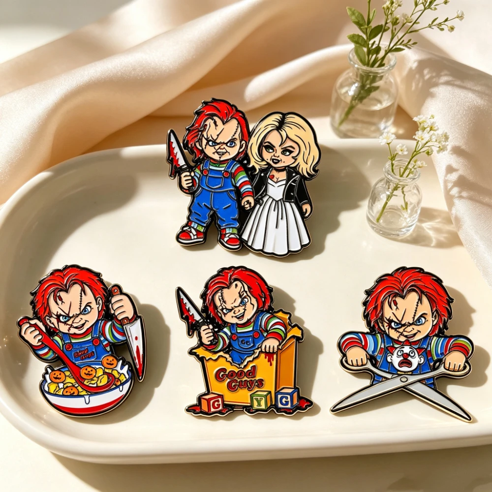 4Pcs Creepy Horror Movie Enamel Pin Set Cartoon Character Lapel Brooch Badge, Halloween Punk Metal Pins for Backpack Fans Gift