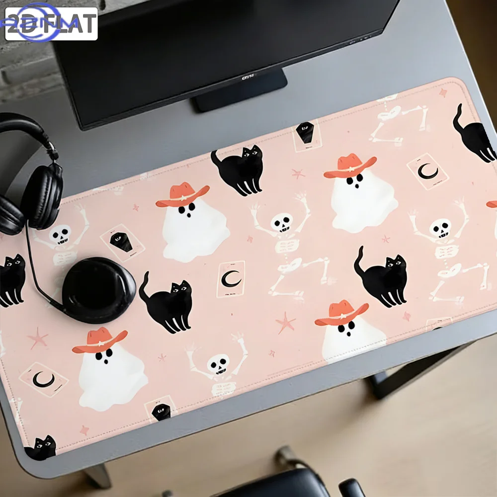 1pc, 2D Planar Printing Halloween Themed Stitched Edge Mouse Pad, Cute Cartoon Black Cat Skeleton Print Non-slip Desk Mat, Durab