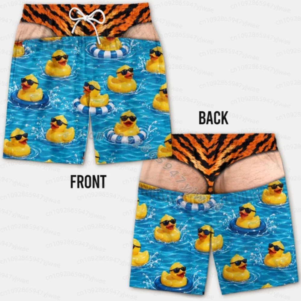 Summer Men Funny Cartoon Hot Dog 3D Print Board Shorts Quick‑Dry Drawstring Trunks Fun Yellow Duck Novelty  Beach Men Shorts S view 3