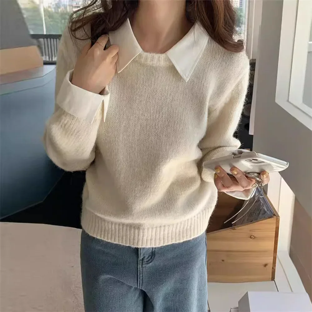 Spliced Turn Down Collar Knitted Sweaters Women Long Sleeve Pullovers Loose Fit Autumn Jumper 2024 Streetwear Slight Strech