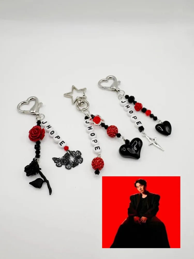 

J-hope Hope on the stage Inspired handmade keychain-Red Rose & Black Butterfly Design, Gothic Style Beaded Charm Jewelry