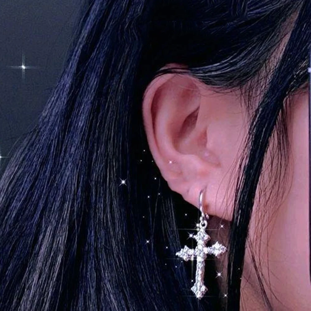 Y2K Gothic Rhinestone Cross Earrings Kpop Purple Zircon Cross Drop Earring for Women Grunge Egirl Earrings Jewelry Accessories