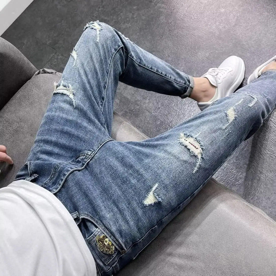 Men\'s Luxury New Casual Spring Autumn Embroidered Jeans for Men with Personality Patch Print Ripped Hole Korean Style Slim Pants