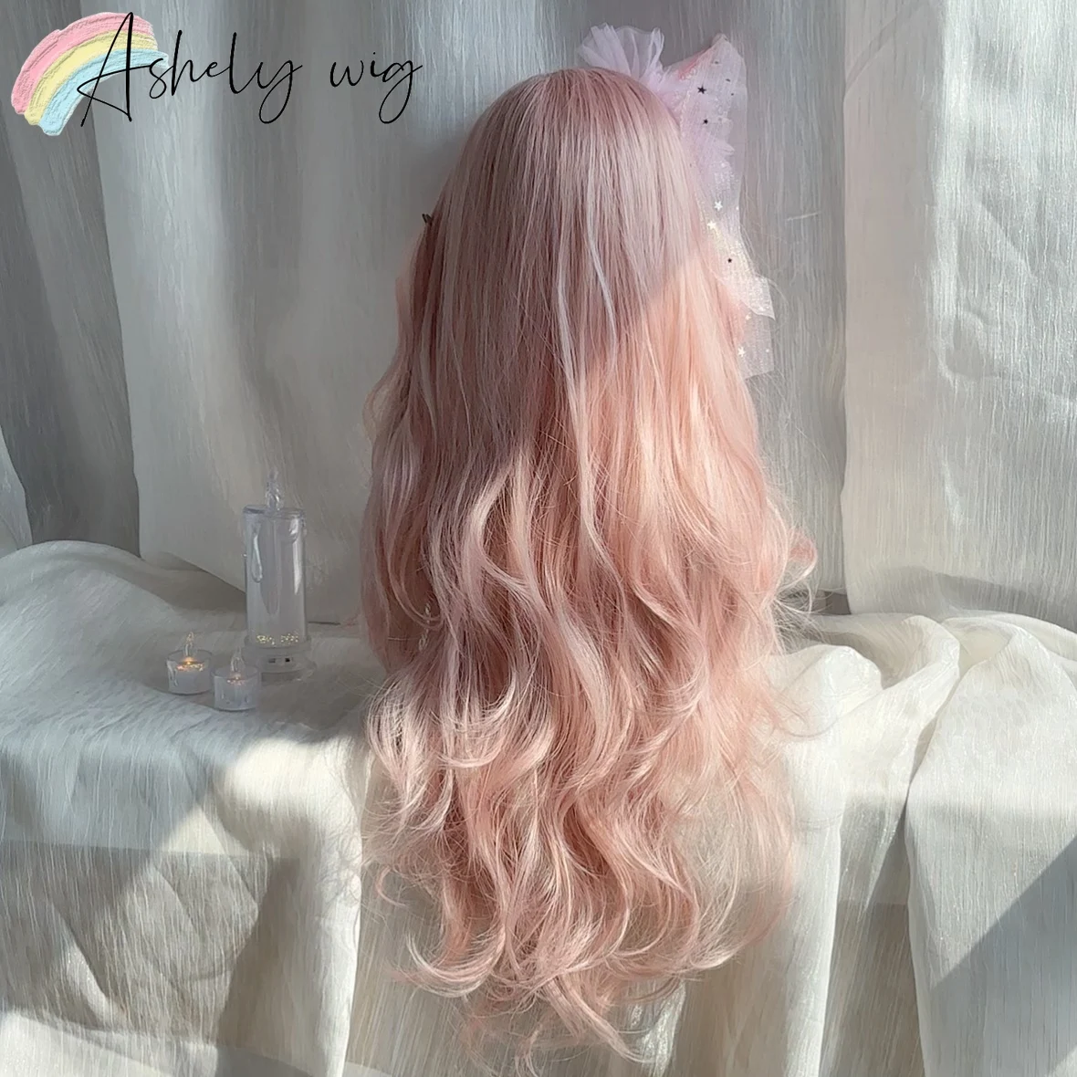 Zdjęcie 6: Ashe Pink Wig 24inch Long Wavy Hair Wig for Woman Headband Wigs Cosplay Wigs Baby Pink Synthetic Wigs for Party Парик 가발
