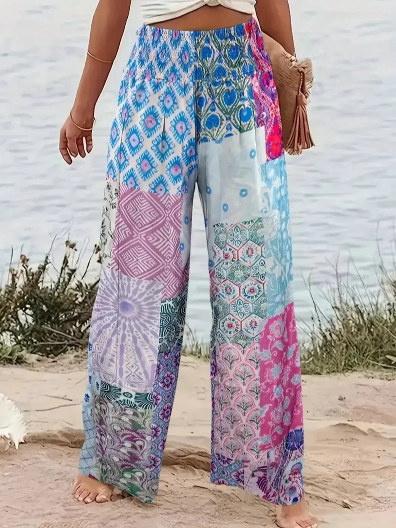 حجم كبير 1XL-5XL أزياء المرأة متعدد الألوان الربط أزياء الإناث عارضة عالية الخصر فضفاض السراويل الطويلة بنطال ذو قصة أرجل واسعة