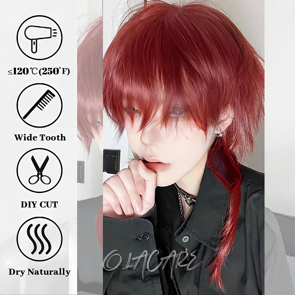 OLACARE Black Wine Red Mullet Head Wigs with Bangs Long Synthetic Straight Men Women Anime Cosplay Hair Wig for Daily Party