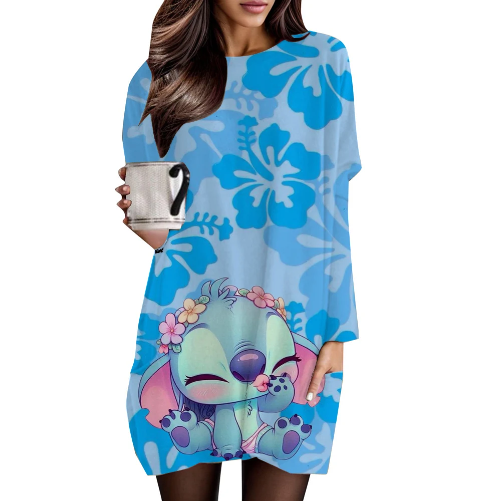 Weihnachten lässig Disney Stitch bedrucktes langärmeliges Rundhals-Taschen-T-Shirt Sportshirt Damen-T-Shirt Damen-Top