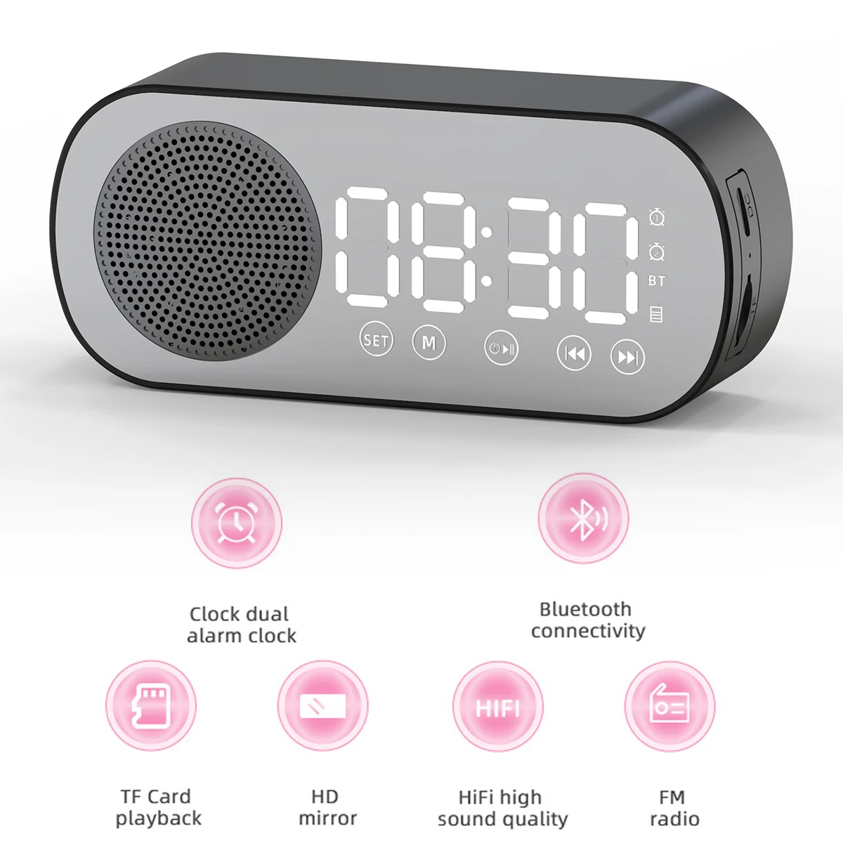 Digital Alarm Clock Bluetooth 5.0 Speaker LED Display Mirror Desk Alarm Clock with FM Radio Support TF Card Play Hands-Free Call