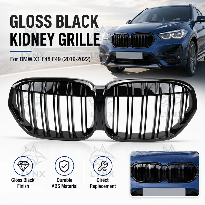 For 2019-2022 BMW X1 F48 F49 Front Bumper Grille Double Line Gloss Black ABS Kidney Grille Pair Replacement Aftermarket