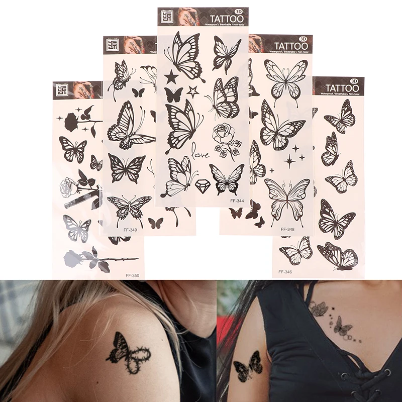1 Sheet Black Flower Butterfly Temporary Tattoos For Women Men Wild Plant Fake Tattoo Sticker Adults Face Hands Body Art Tattoo
