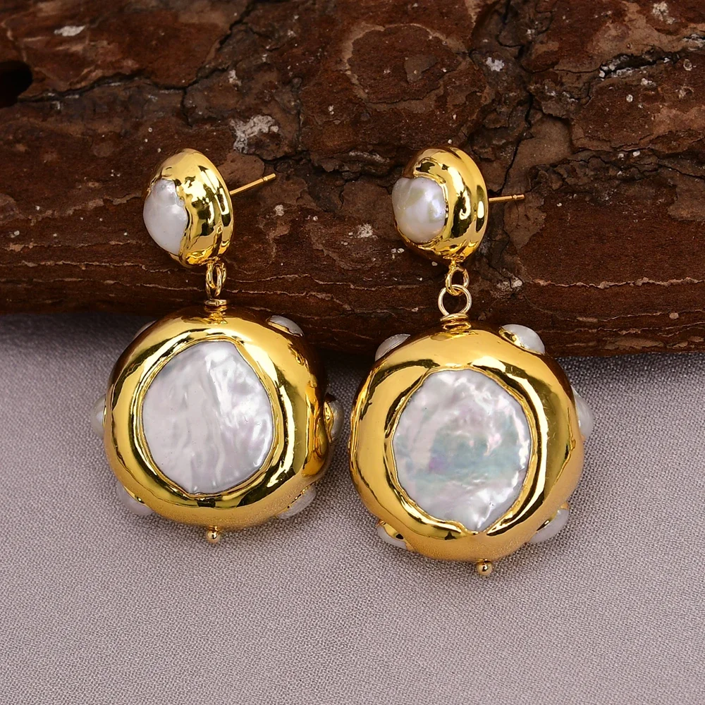 

White Keshi Pearl Big Coin Dangle Stud Earrings Handmade For Women