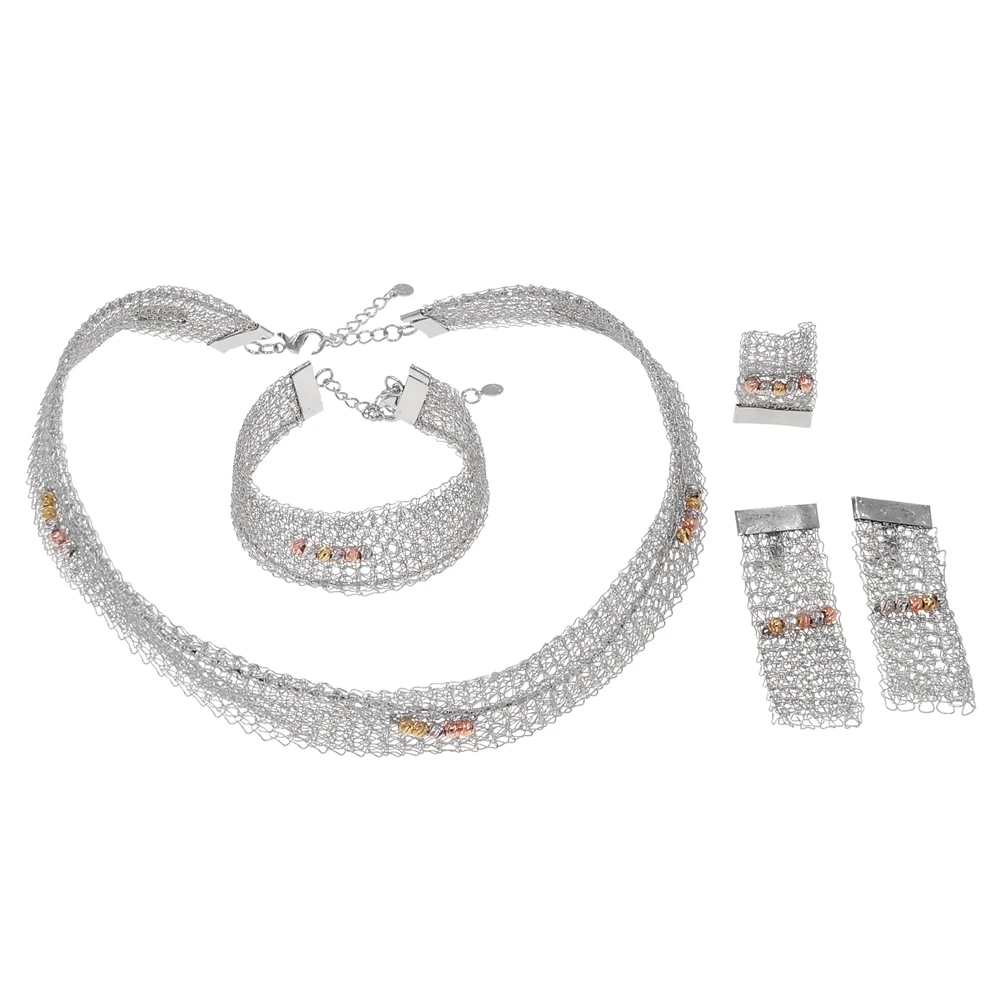 Simple silver three tone beads plain jewelry set fine Collar Brazalete Aretes Anillo 4PC Set Free Shipping for navidad Christmas