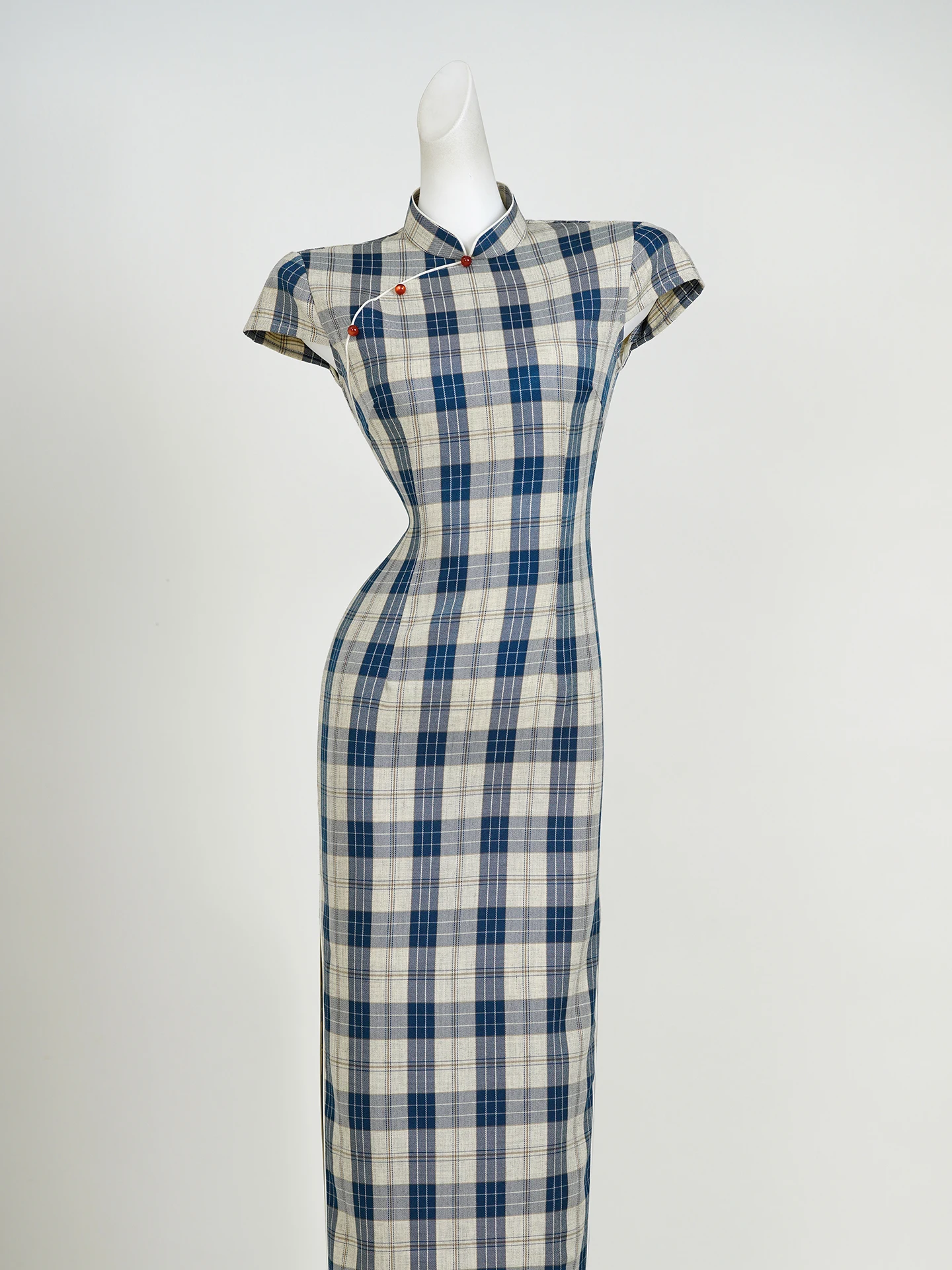 

Young Artistic Girl's Summer Plaid Qipao Dr Retro Sle Long ort Sve Warmth Clothing Low Slit Daily Wear