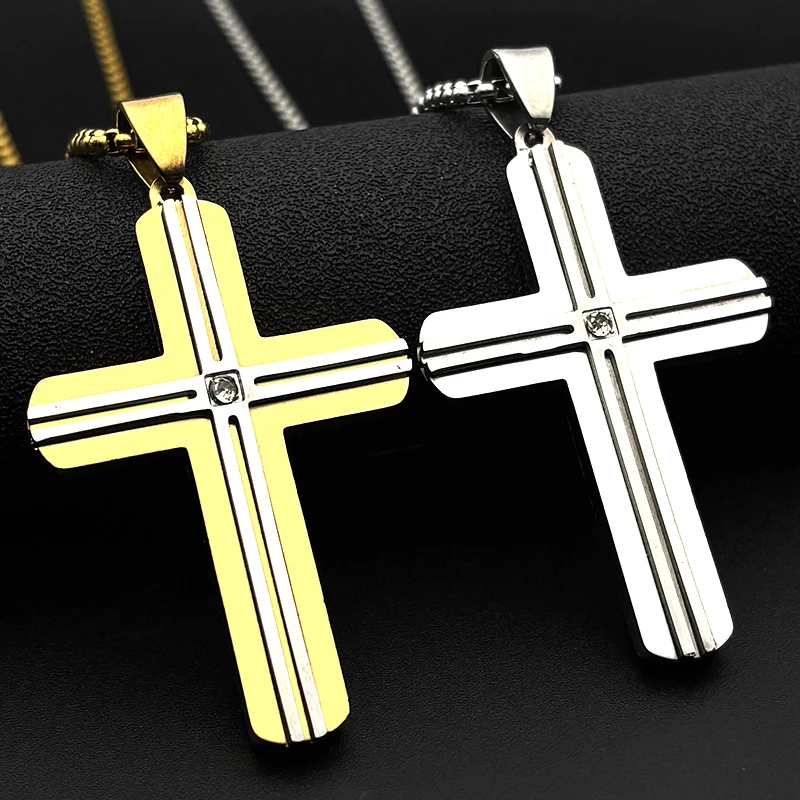 المسيحية يسوع الصليب حجر الراين قلادة قلادة للنساء الرجال الفولاذ المقاوم للصدأ الذهب اللون الدين الصليب سلسلة مجوهرات هدية