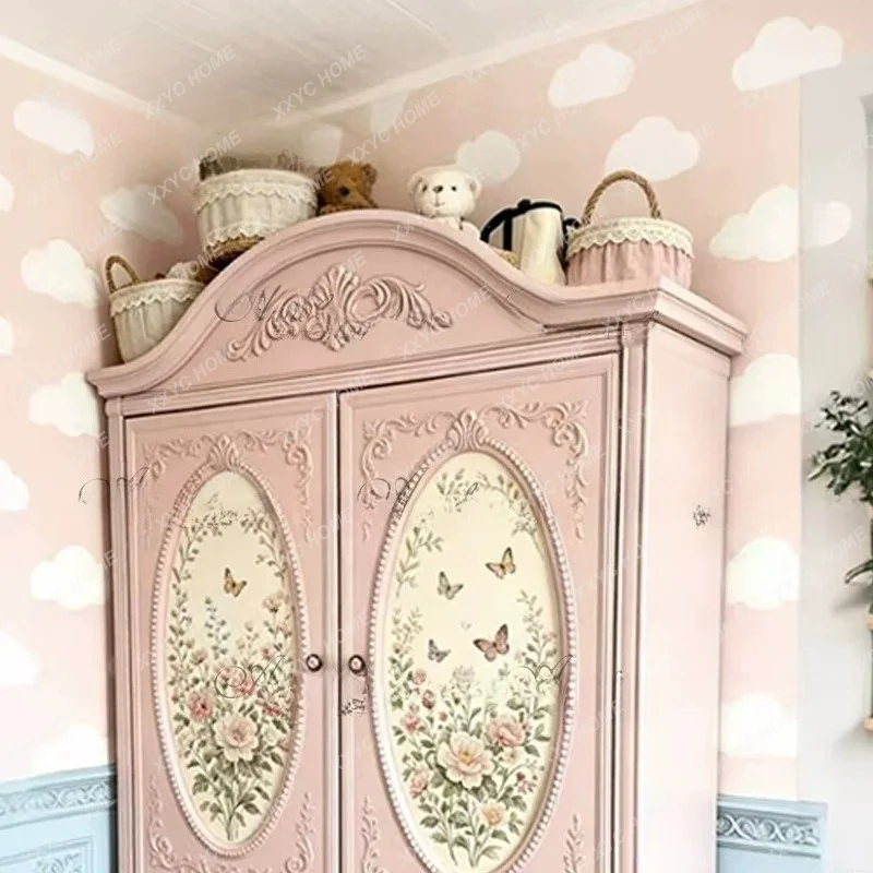 Hand Painted Pink Wardrobe Children Room Carved Design Independent Closet