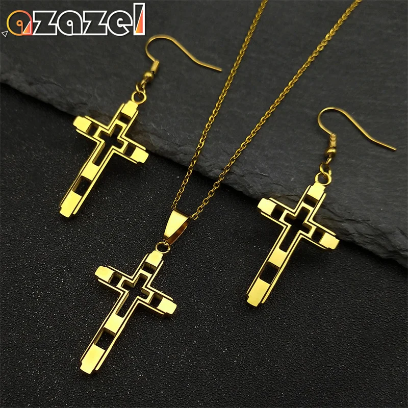 Christian Jesus Cross Stainless Steel Choker Necklace Earrings Set for Women Man Gold Color Chain Necklace Party Jewelry Gift