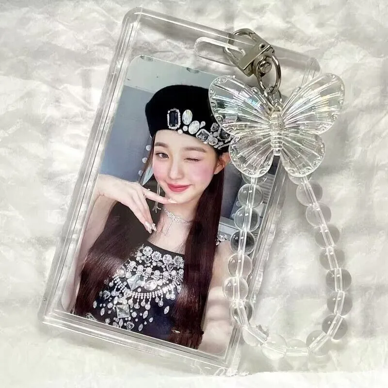 Crystal Butterfly 3Inch Acrylic Card Holder ID Credit Bank Card Protective Case with Keychain Pendant Fashion Photocards Display
